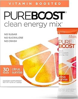 Pureboost Clean Energy Drink Mix + Immune System Support. Sugar-Free Energy with B12, Multivitamins, Antioxidants, Electrolytes (Citrus Sunrise, 30 Count)