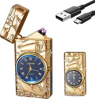 Electric Lighter with Clock YOZWOO USB Rechargeable Lighter with LED Light, Plasma Dual Arc Lighters with LED Power Display for Candle, Cool Lighters Gifts for Men and Women (Gold-Boat)