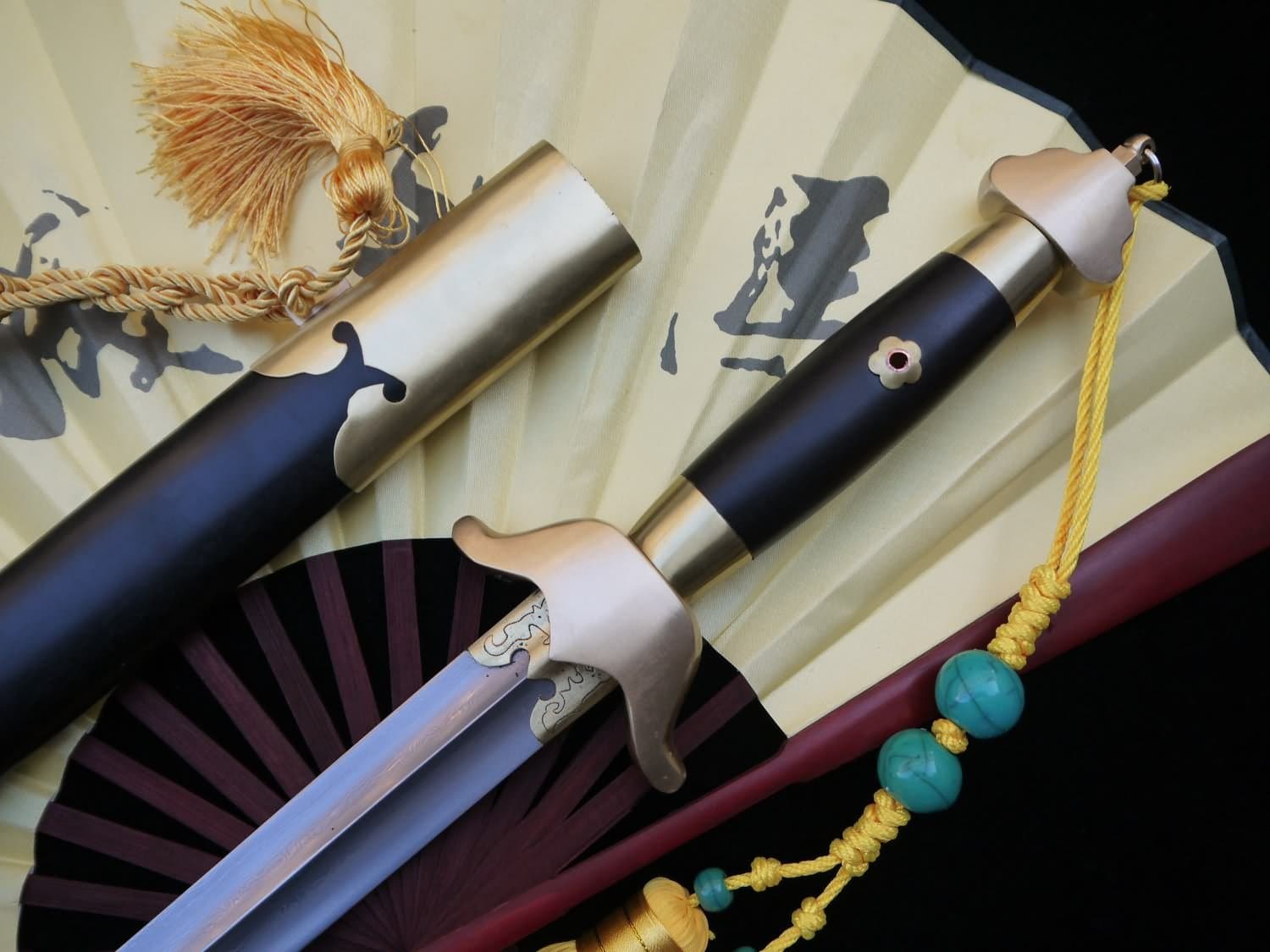 Lin creative Training Sword,Tai chi jian,Pattern Steel Blade,Black Wood Scabbard,Brass Fitted,Handmade