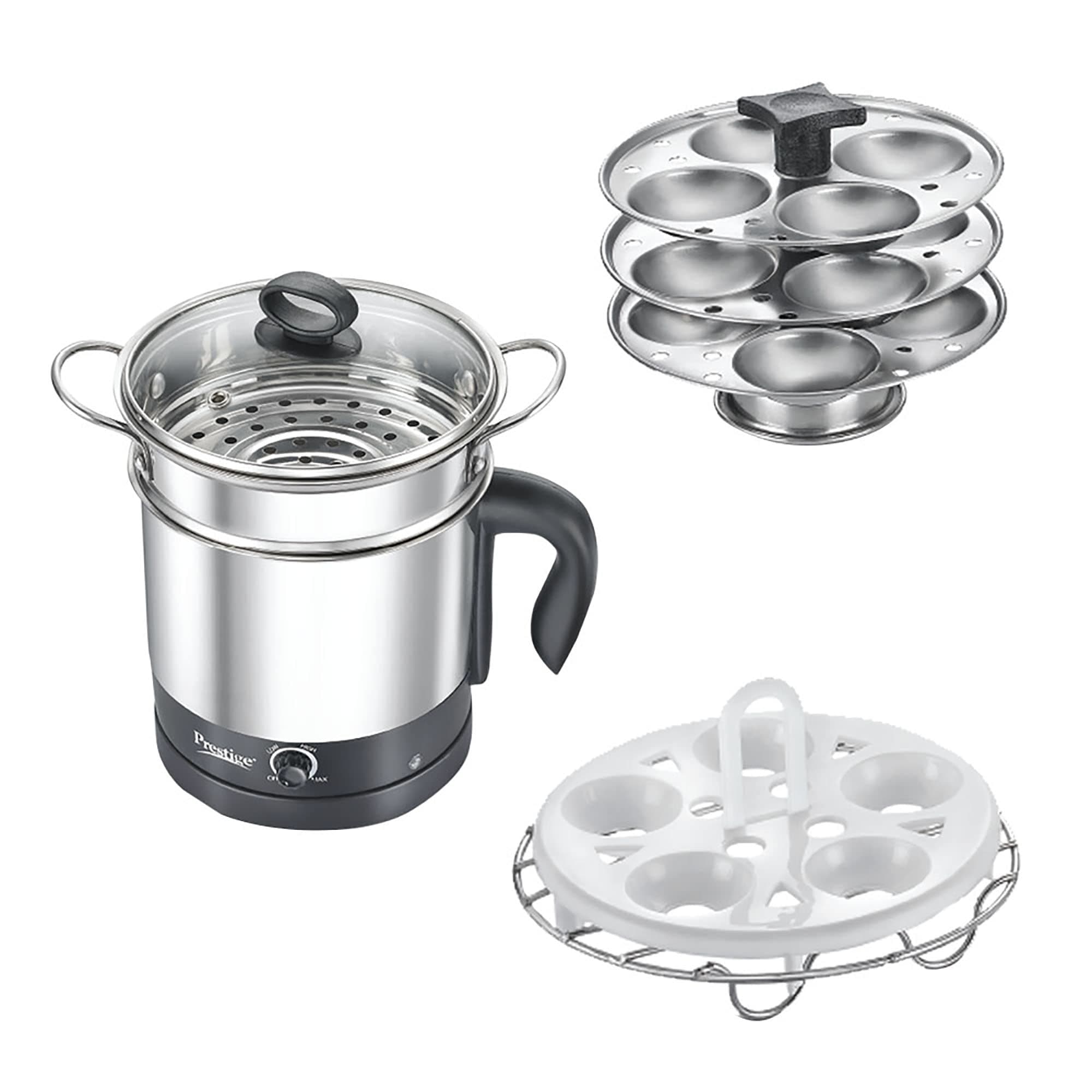 1.5L PMC 3.0 Plus Multi Kettle/Multi Cooker|Comes with Idli stand, egg boiling rack & Steamer| Glass Lid with Stainless Steel rim|Temperature Control |Power Indicator (Silver, Black)