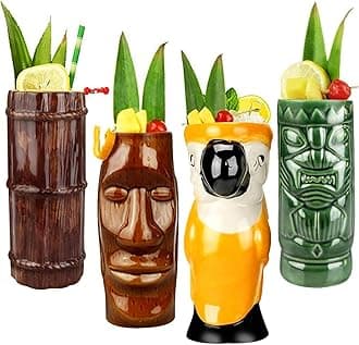 Tiki Mugs Cocktail Set of 4 - Large Ceramic Hawaiian Party Mugs Drinkware, Cute Exotic Cocktail Glasses, Tiki Bar Professional Hawaiian Party Barware, TKSET0001