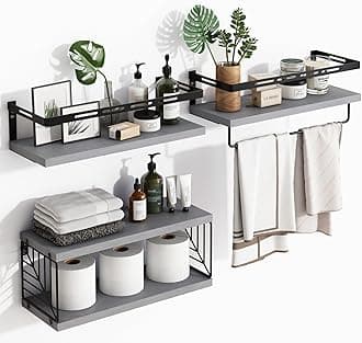 3+1 Tier Wall Mounted Bathroom Shelves Over Toilet, Rustic Wood Floating Shelves with Metal Frame and Towel Bar for Bathroom, Kitchen, Bedroom, Living Room (Gray)