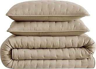 WDCOZY Beige Cloud Quilt Queen Size Bedding Set with Pillow Sham, Tan Puffy Cozy Lightweight Bedspread Coverlet, Taupe Camel Soft Cute Bed Cover for All Season - 3 Pieces, 90x90 inches