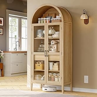 ONBRILL 71" Tall Arched Cabinet, 5-Tier Arched Kitchen Pantry with Glass Doors & Drawer, Modern Display Pantry Cabinets with Adjustable Feet, Wooden Pantry for Kitchen, Living & Dining Room, Oak