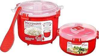 Microwave Rice Cooker and Steamer Bowl for Vegetables with Steam Release Vent, Dishwasher Safe, Red