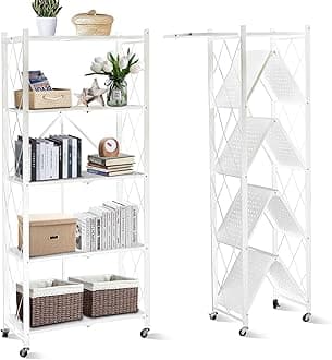 SKY-TOUCH Foldable Storage Shelves 5 Tier, Storage Racks Kitchen Cabinet, Shelf Storage Multipurpose Rack for Living Room Bedroom Kitchen Garage Easy Assembly White 5-shelf