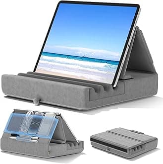 Tablet Pillow Holder, Foldable iPad Stand for Lap, Bed and Desk -Tablet Soft Pad Dock with Pocket & Stylus Mount Compatible with iPad Pro 12.9, 10.5, 9.7 Air Mini 6 5 4 3, Kindle, E-Reader, Gray