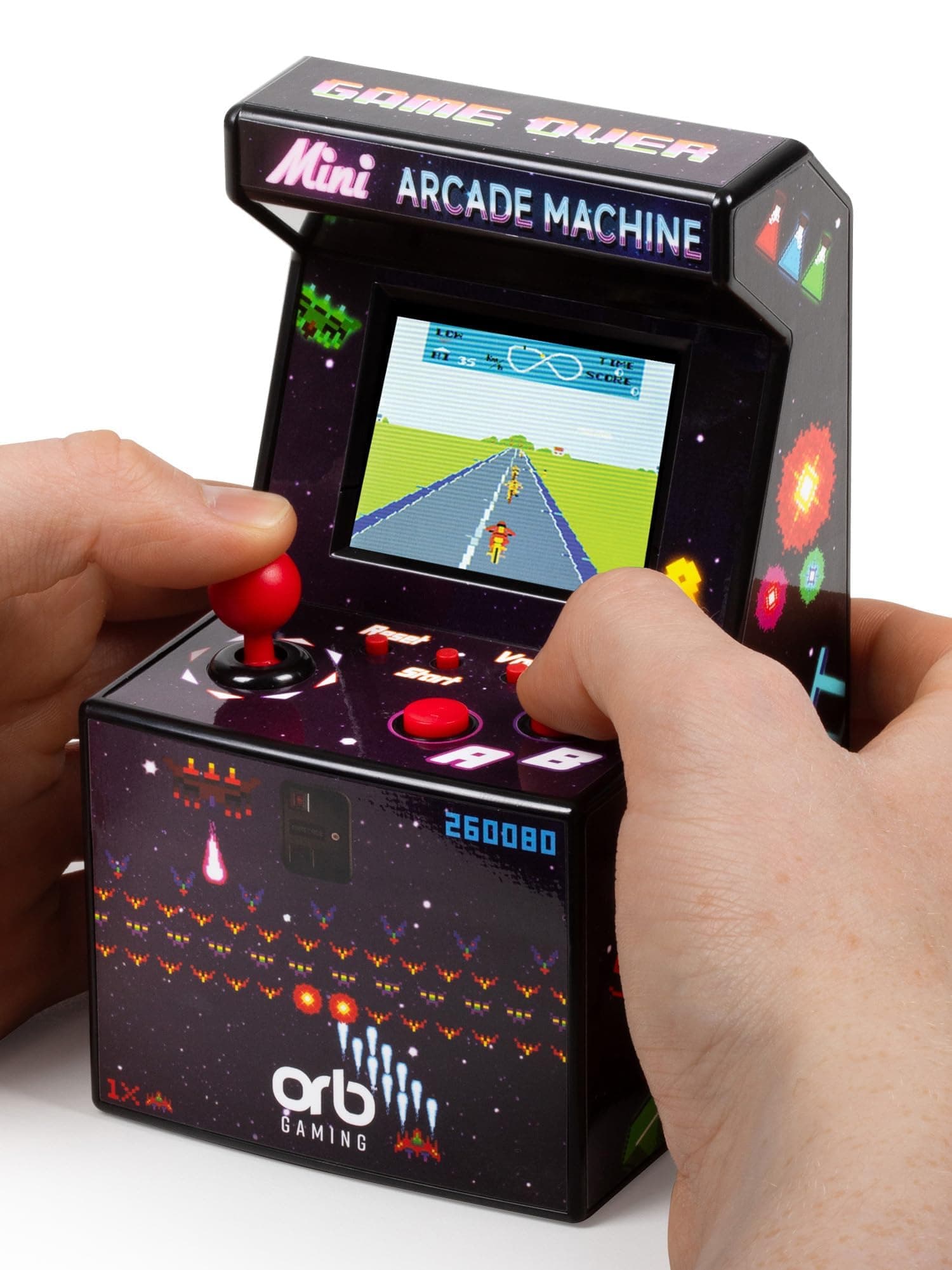 Mini Arcade Machine, 240 Built-In 8-Bit Games, 2.5” Full Colour Screen, 8-Way Joystick, Handheld Retro Games Console – Orb Gaming by ThumbsUp!