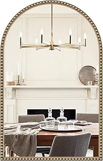 Brauthon Arched Beaded Mirror for Bathroom, 24"x38" Antique Gold Arch Vanity Wall Mirror, Retro Brass Metal Frame Champagne Bronze Mirrors for Bedroom Dressing Room Entryway Fireplace
