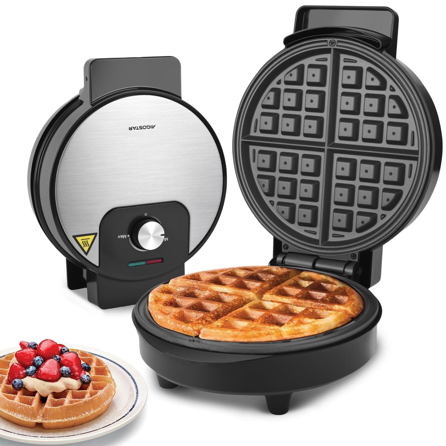 Round Waffle Maker with Adjustable Temperature Control, Non Stick Deep Fill Waffle Iron, Belgian & American Waffle Machine, Cool Touch Handle, 1000W, Stainless Steel - Crunchy