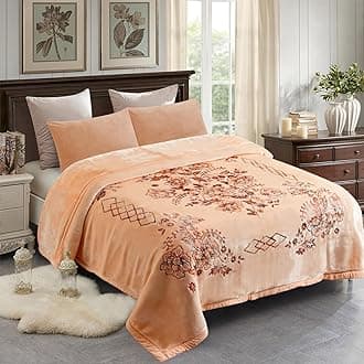 JML Korean Faux Mink Fleece Blanket Heavy King, 87" x 94", 11 lbs, Soft Plush Raschel Fleece Blanket - Cozy Thick Warm for Winter, 2 Ply, A&B Printed, 1 Side Embossed (Flowers Branches Beige)