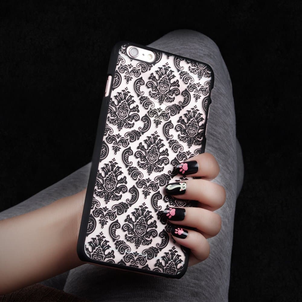 Iphone 6 Case, Baroque Retro Court Lace Pattern Texture Hard Plastic Clear Case for Apple Iphone 6 4.7 Inch Damask Black