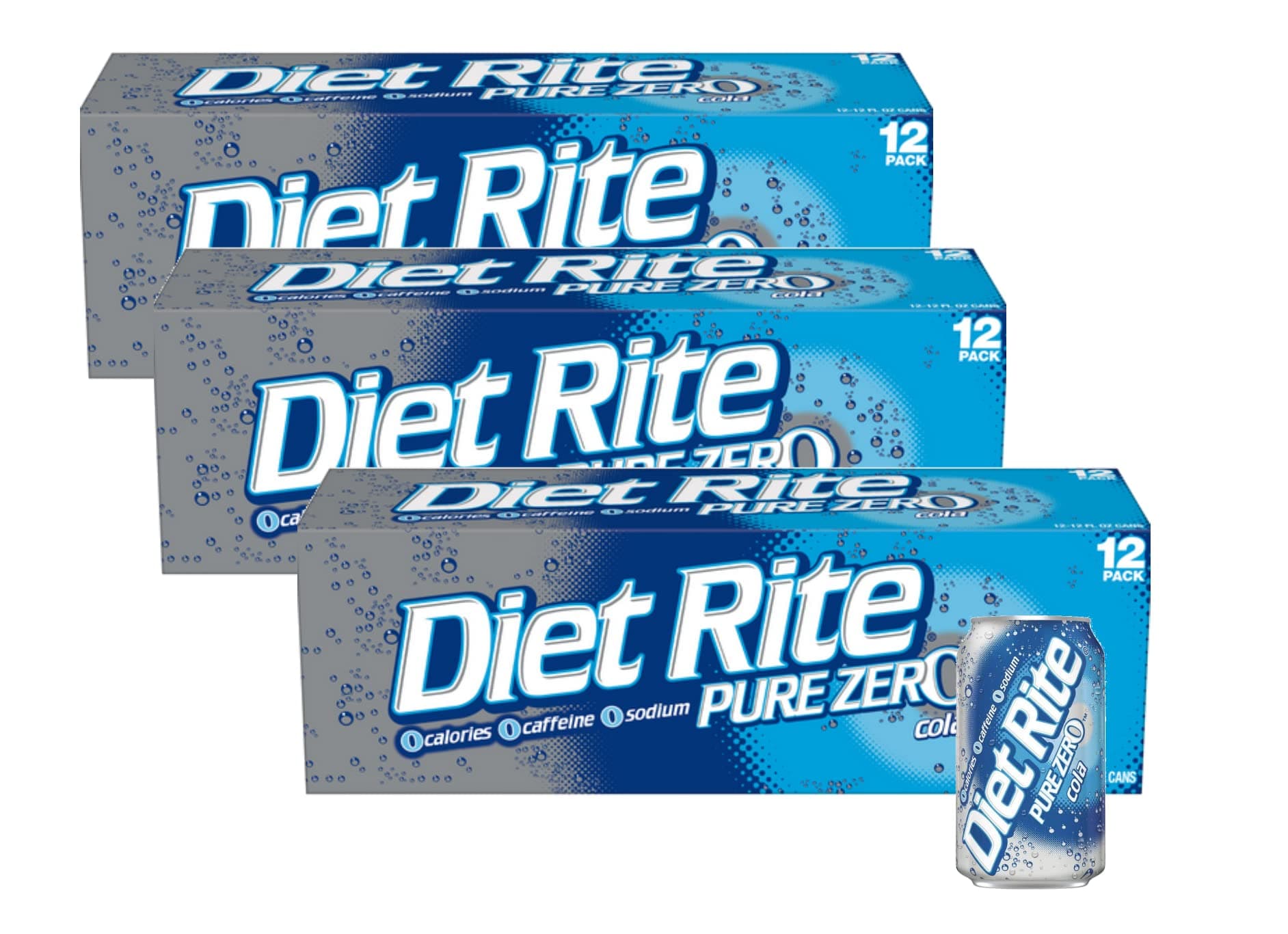 Diet Rite Pure Zero Cola Original Soda Soft Drink Cans - 3 Cases (36 Count)
