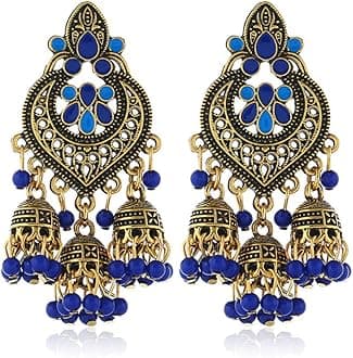 Boho Chandellier Jhumka Statement Dangle Earrings for Women Vintage Large Flower Ball Bead Tassel Drop Dangling Earring Indian Bollywood Jewelry Holiday Festival Christmas