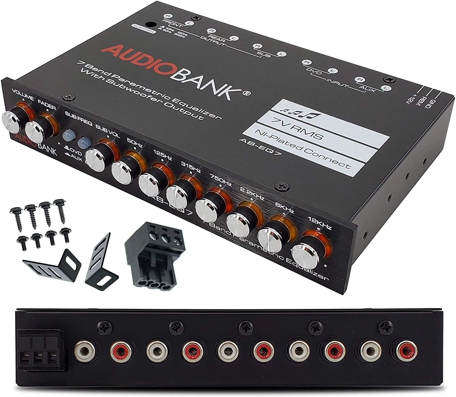 EQ7 1/2 Din 7 Band Car Audio Equalizer EQ w/Front, Rear/Frequency Adjustable /3 RCA Input for Portable Devices + Subwoofer Output Built-in 43-120Hz, 60-200Hz