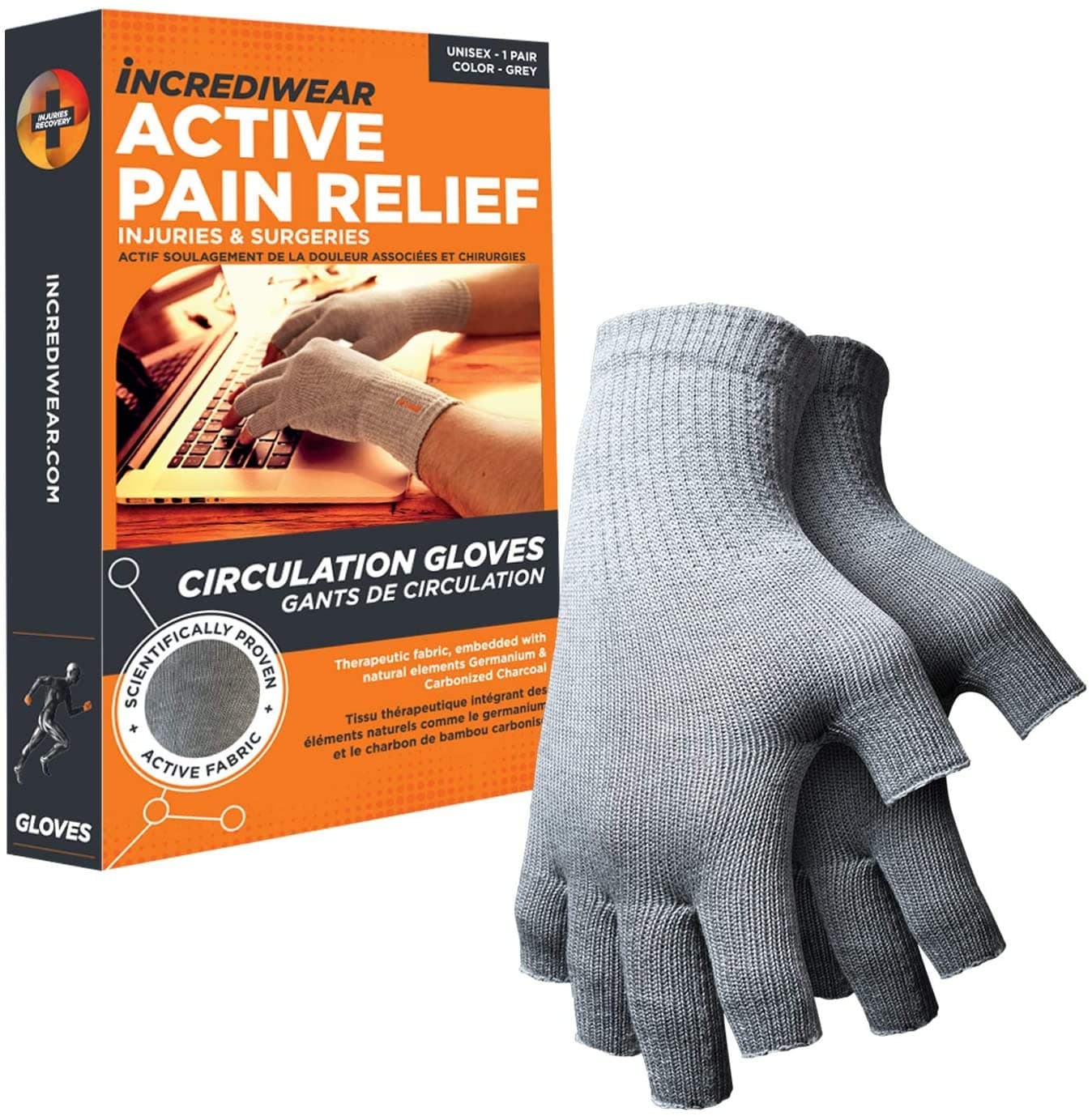 Incrediwear Fingerless Circulation Gloves Arthritis Gloves, Grey