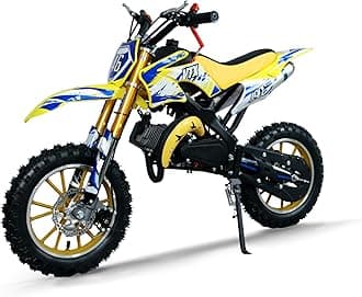 49cc Kids Dirt Bike, 2-Stroke Gas Powered Dirt Bike, Motorcycle with Off-Road Tires, Front/Rear Disc Brakes, Shock Absorption, Soft Seat Cushion, Mini Dirtbike for Kids 8-14, Yellow
