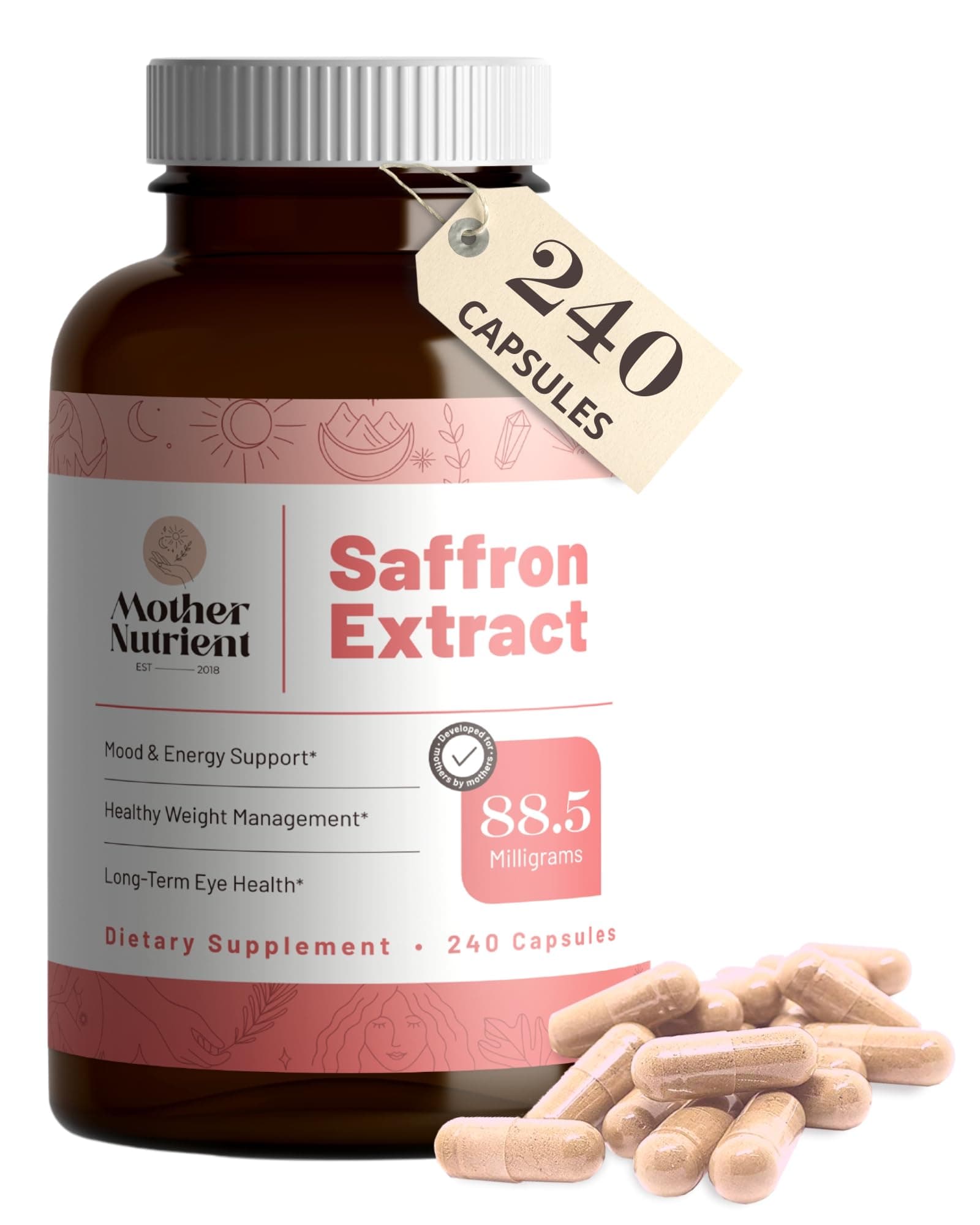 Mother Nutrient - Saffron Extract Supplements for Women & Men, Pure Saffron Extract Supplement, Pure Crocus Sativus - Non-GMO, Vegan-Friendly, 88.5mg per Serving - 240 Veggie Capsules, 7-Month