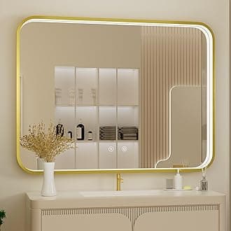 48x36 Inch Gold LED Bathroom Mirror with Lights, 3000K/4500K/6000K, Wall Mounted Lighted Vanity Mirrors for Bathroom, Memory Funtion, Stepless Dimmable, Anti-Fog, Horizontal/Vertical