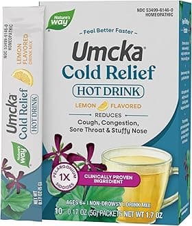 Cold Relief Hot Drink, Umcka, Homeopathic, Clinically Proven Pelargonium Sidoides 1X, for Cough, Congestion, Sore Throat, Stuffy Nose, Lemon Flavored, 10 Packets (Packaging May Vary)