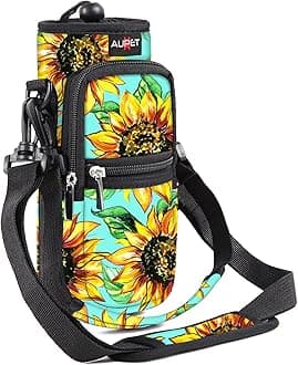 Water Bottle Sling Bag Sleeve Holder Carrier 25/32/40/64 oz ,Insulated Crossbody Water Bottle Case Cover with Strap and Pockets for Men/Women Walking Hiking Camping (40oz, Sunflower Green background)