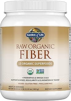 Garden of Life Fiber Supplement, Raw Organic Fiber Powder - 30 Servings, 15 Organic Superfoods + Probiotics & Omega-3 ALA, 4g Soluble Fiber & 5g Insoluble Fiber for Regularity - Psyllium Free Fiber