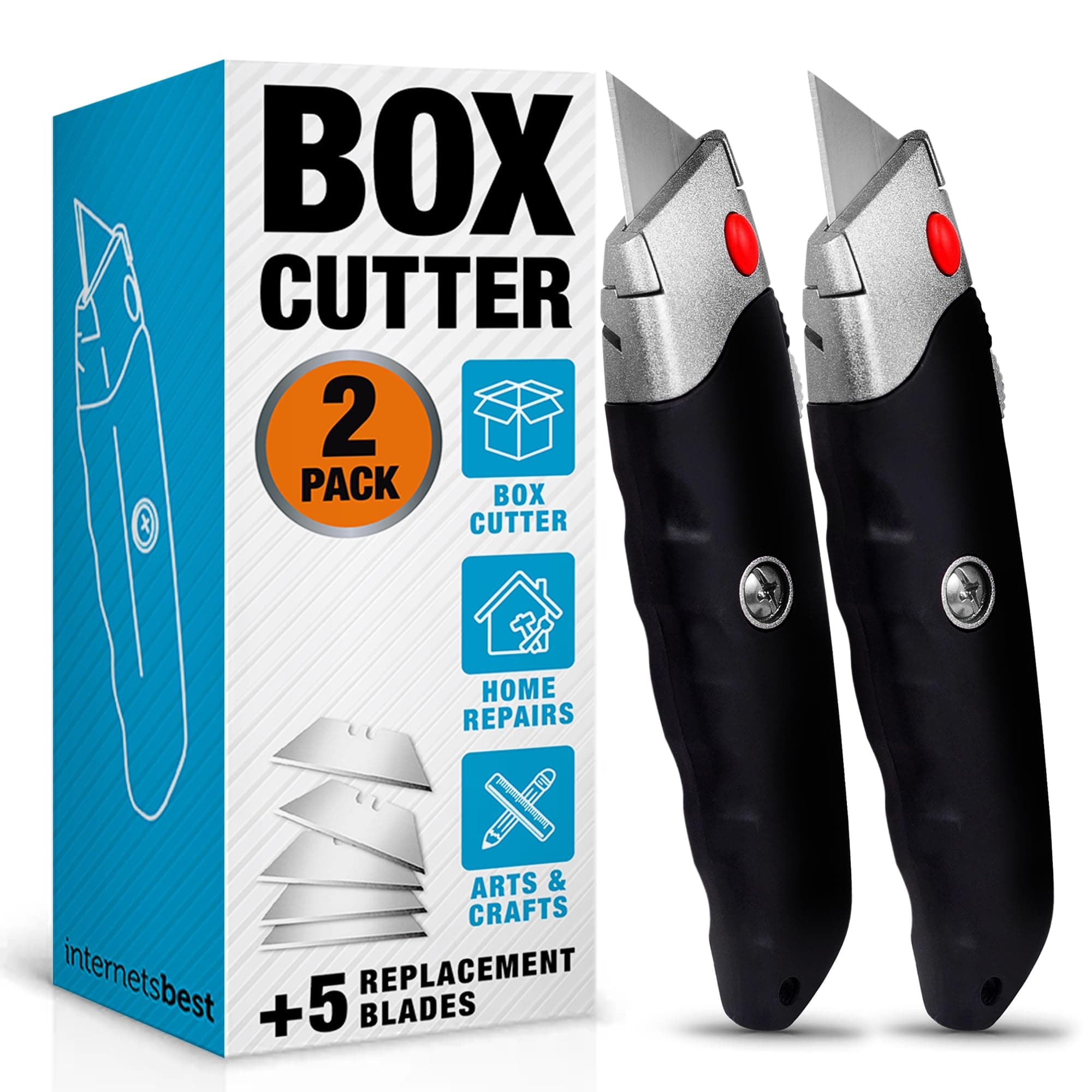 - INTERNET'S BEST Premium Utility Knife Set | Retractable Box Cutter with Rubber Handle | Heavy-Duty Cutting for Cardboard, Carpet, Plastic | Retractable Blade | Includes 2 Razor Knives & Extra Blades