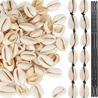 LEOBRO 120 PCS Open Back Natural Spiral Shell Beads Smooth Cut Oval Seashells Beach Seashells Cowrie Shells Charm Beads With Big Hole & 5.5 Yard Black Waxed Cotton Cord for DIY Craft Jewelry Making