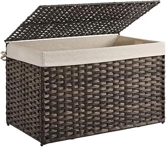 Storage Basket with Lid, Woven Blanket Storage Bin with Handles, Foldable, Removable Liner, Metal Frame, for Bedroom, Laundry Room, 42.3 Gallons (160 L), Brown URST76BR