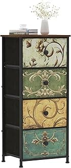 VEDECASA Chest of Drawers Bedroom Fabric Dresser with 4 Drawers Vintage Narrow Tall Tower Unit Organiser for Closet Living Room Bedroom Halfway Sturdy Metal Frame Wooden Top Easy Pull