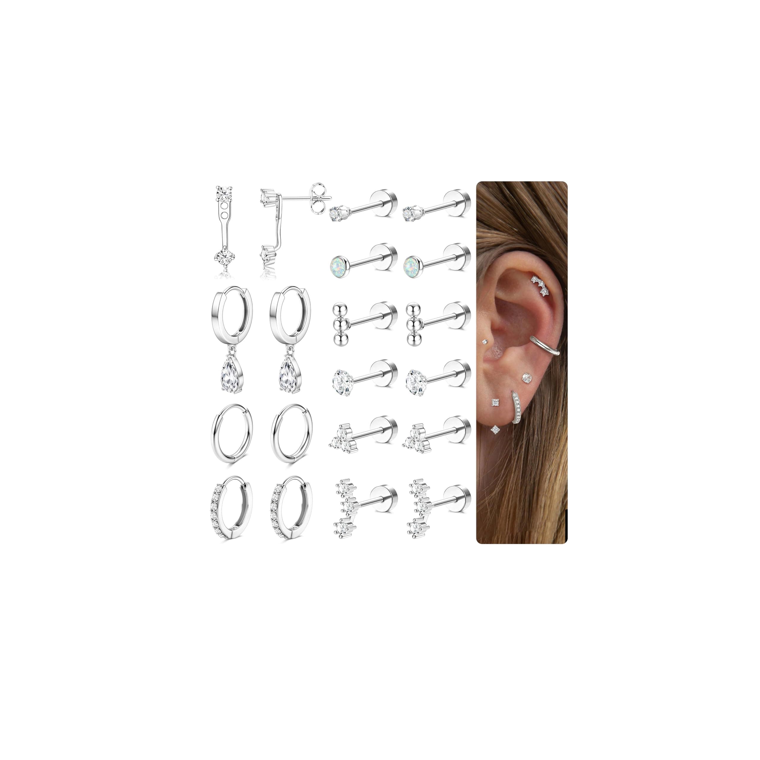 Hypoallergenic Flat Back Earrings Gold Cartilage Earring Sets for Multiple Piercing 20G Surgical Stainless Steel Earrings for Women Trendy Earring Stacks Small Hoop Flatback Stud Earrings