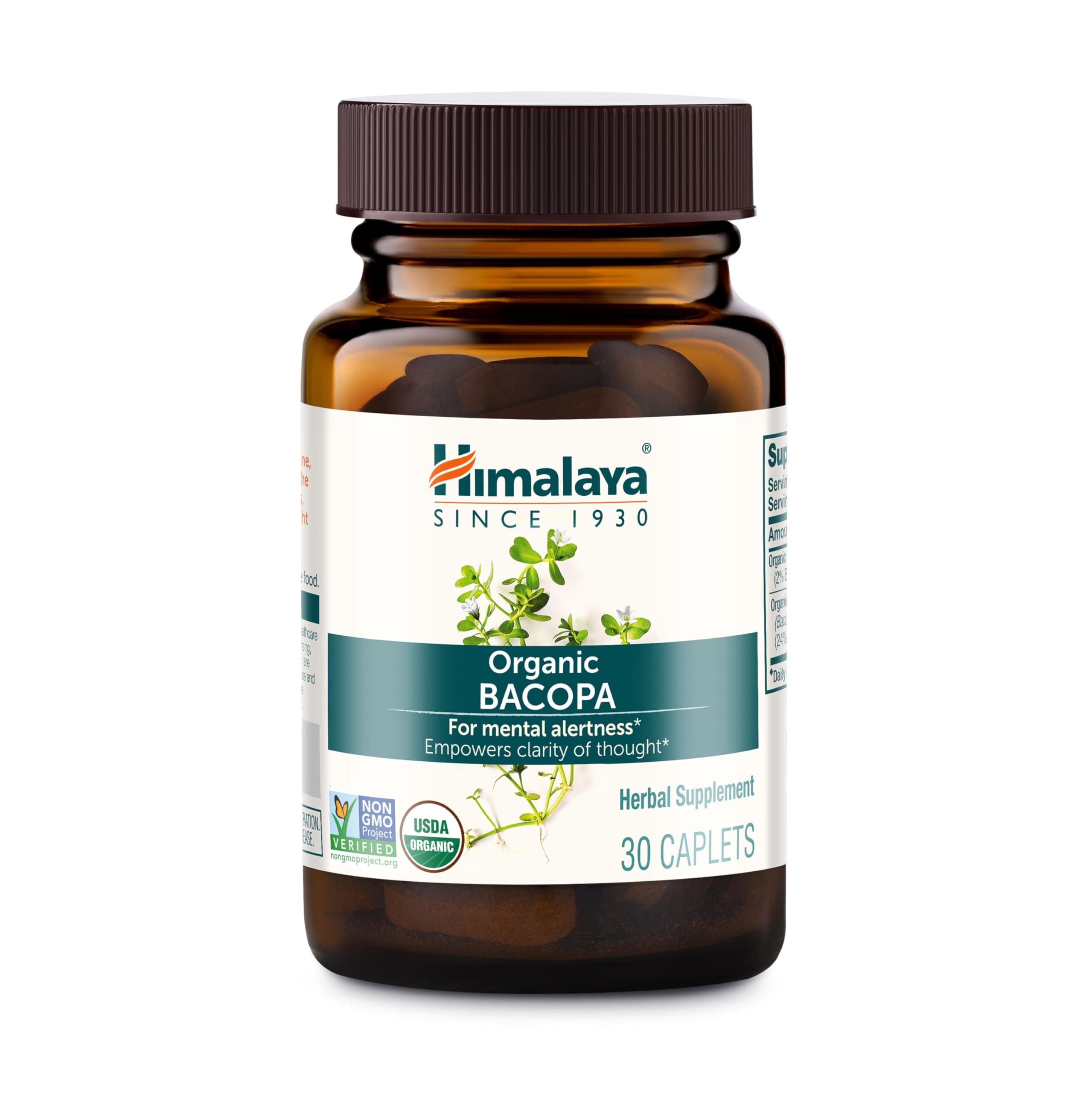 Himalaya Organic Bacopa - Bacopa Monnieri Herbal Brain Supplements for Memory and Focus Support - USDA Organic, Vegan, Non-GMO, Gluten Free, 750 mg, 30 Caplets