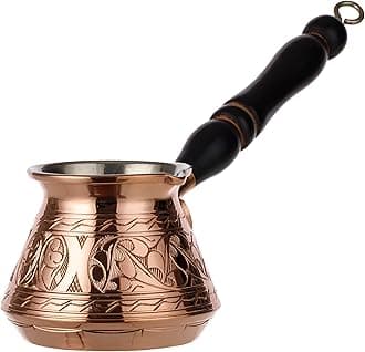 DEMMEX Thick Copper Turkish Greek Arabic Coffee Pot 300 ml – Handmade & Hand-Engraved Cezve Ibrik Briki with Wooden Handle & Spoon, Solid Copper Coffee Maker, Made in Turkey, Engraved