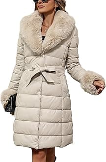 Women's Winter Puffer Jacket Cold-Resistant Patchwork Plush Lining Coat with Removable Fur Collar Hooded and Belted