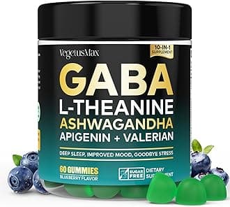 GABA L-Theanine Gummies, Sugar-Free Calm Gummies with L-Theanine, Ashwagandha,Valerian Root,Magnesium | Support Sleep,Stress Relief & Relaxation | GABA Supplement for Adult- Blueberry Flavor