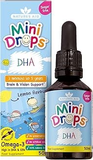 Natures Aid Mini Drops DHA with Omega-3 | for 3 Months to 5 years Children | High EPA & DHA Levels | Sustainably Sourced Fish Oil | Sugar-Free | Lemon Flavor, 50ml
