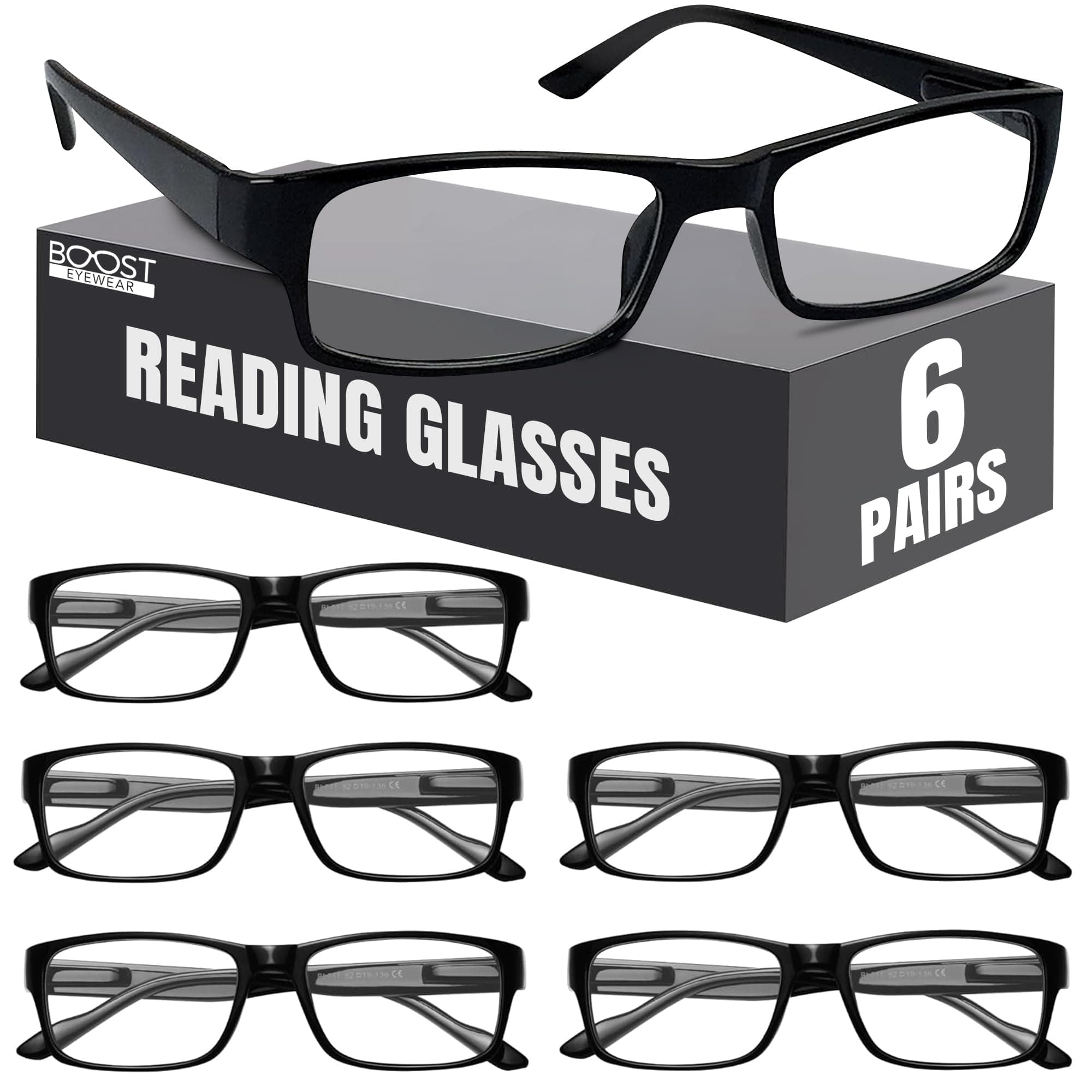 6 Pack Reading Glasses – Classic Black Rectangular Frames with Spring Hinges – Comfortable Eye Glasses Readers for Women & Men (+2.00)
