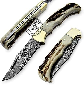 Stag Horn 6.5'' Handmade Damascus Steel Folding Pocket Knife, Hunting Knife, Outdoor Survival Hunting Accessories, Gifts for Men, Boyfriend, Dad, Father’s Day Gift, 100% Prime Quality