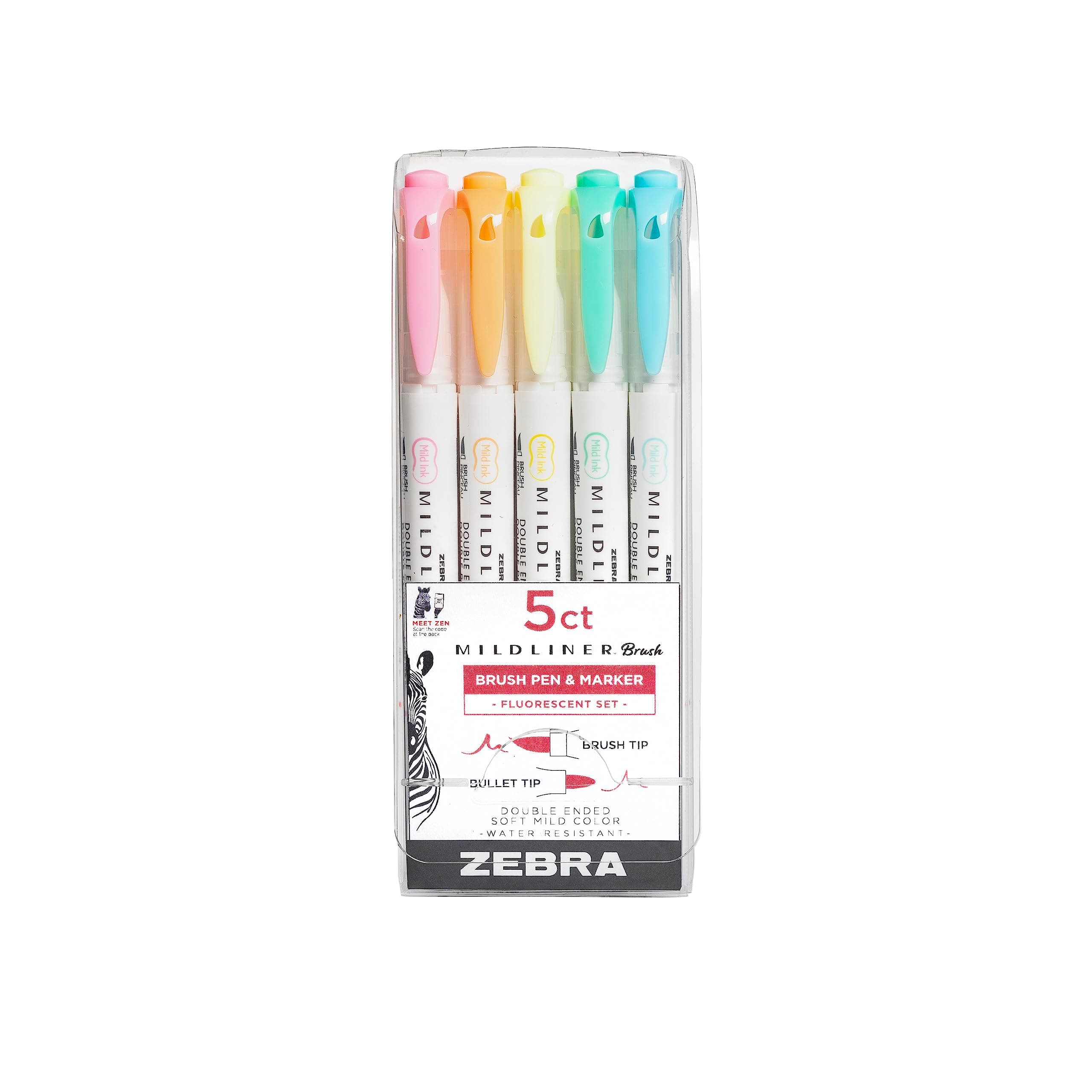 Zebra Mildliner Brush Double Ended Highlighter Set - 5 Pack (Fluorescent Colors)