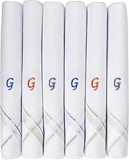 Men's Personalized Initial Monogram Handkerchief (A-Z) Embroidered 100% Pure Cotton Pocket Square, Elegant Soft and Absorbent for Everyday Use or Gift, White, 46 x 46 cm, pack of 6