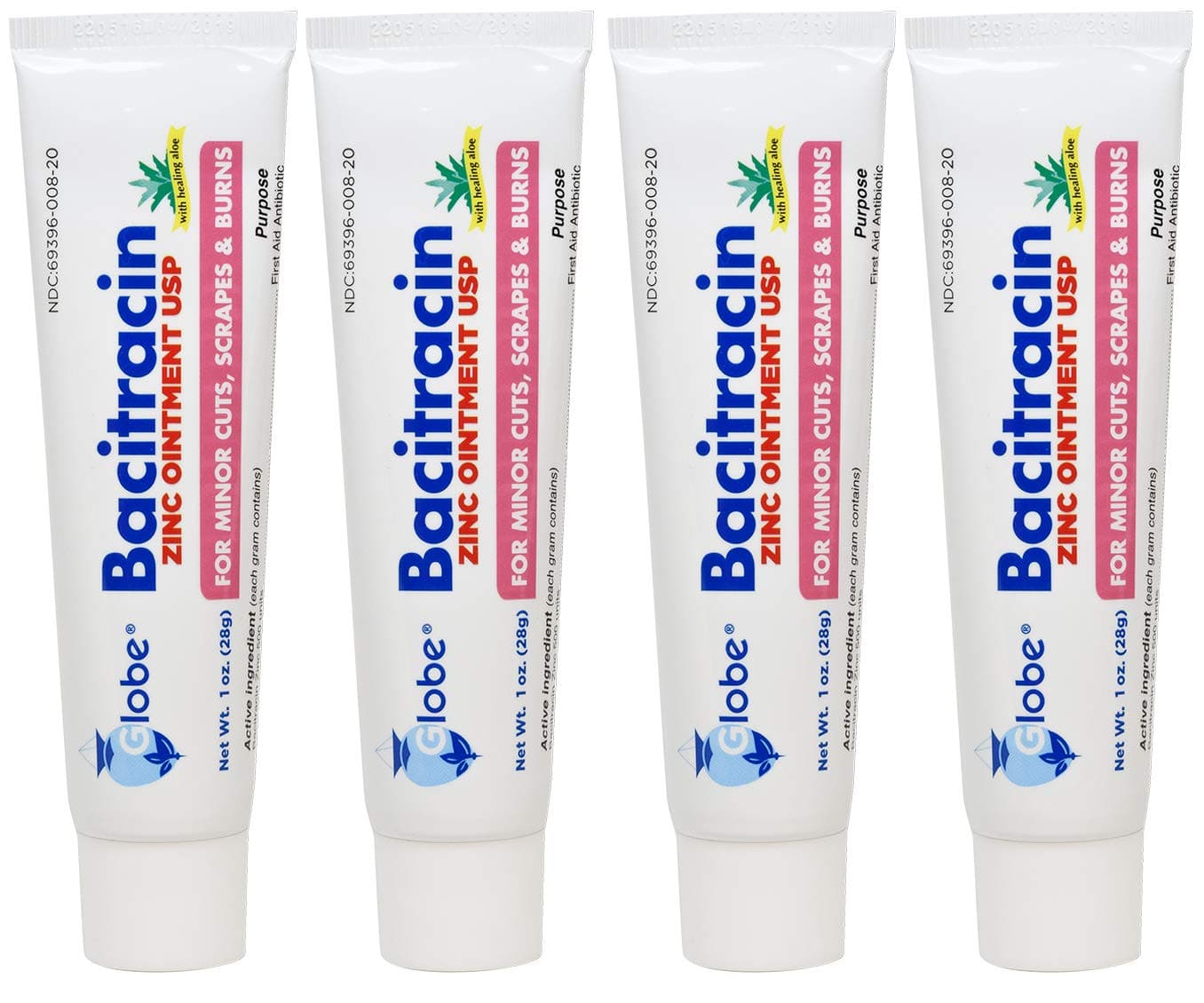 (4 Pack) Globe Bacitracin Zinc Ointment + Aloe 1oz, Antibiotic Ointment, Essential Antibiotic First Aid Supplies, Healing Action, Maximum Antibiotic Power, Prevents Infection in cuts, scrapes, Burns