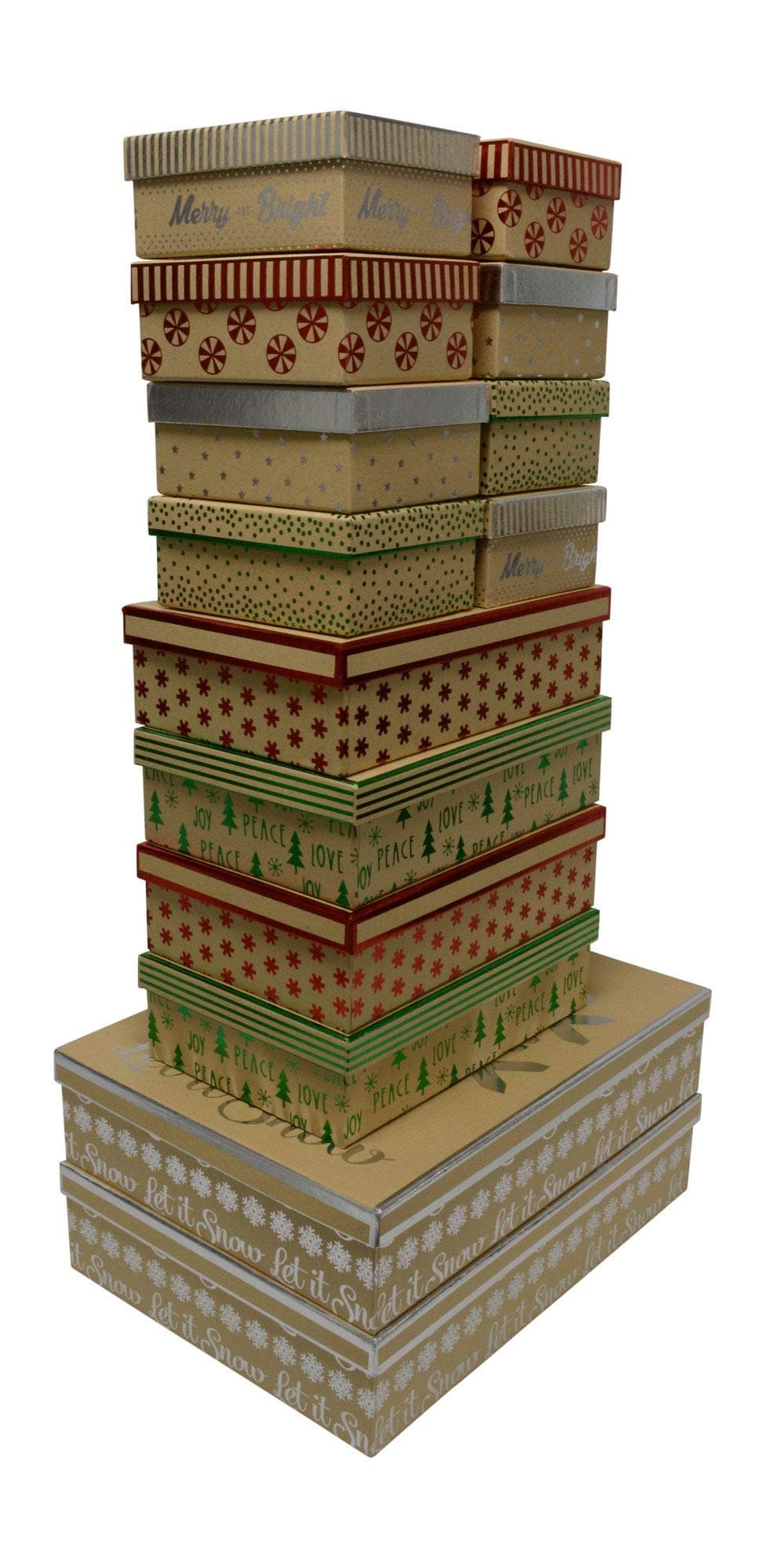Christmas Boxes, 14 Count Nested, with foil hot Stamp Holiday Designs, Strong and Thick Decorative for Gifts or Storage, Durable and Reusable, Includes Two Nested Sets in All Sizes fits in one Box