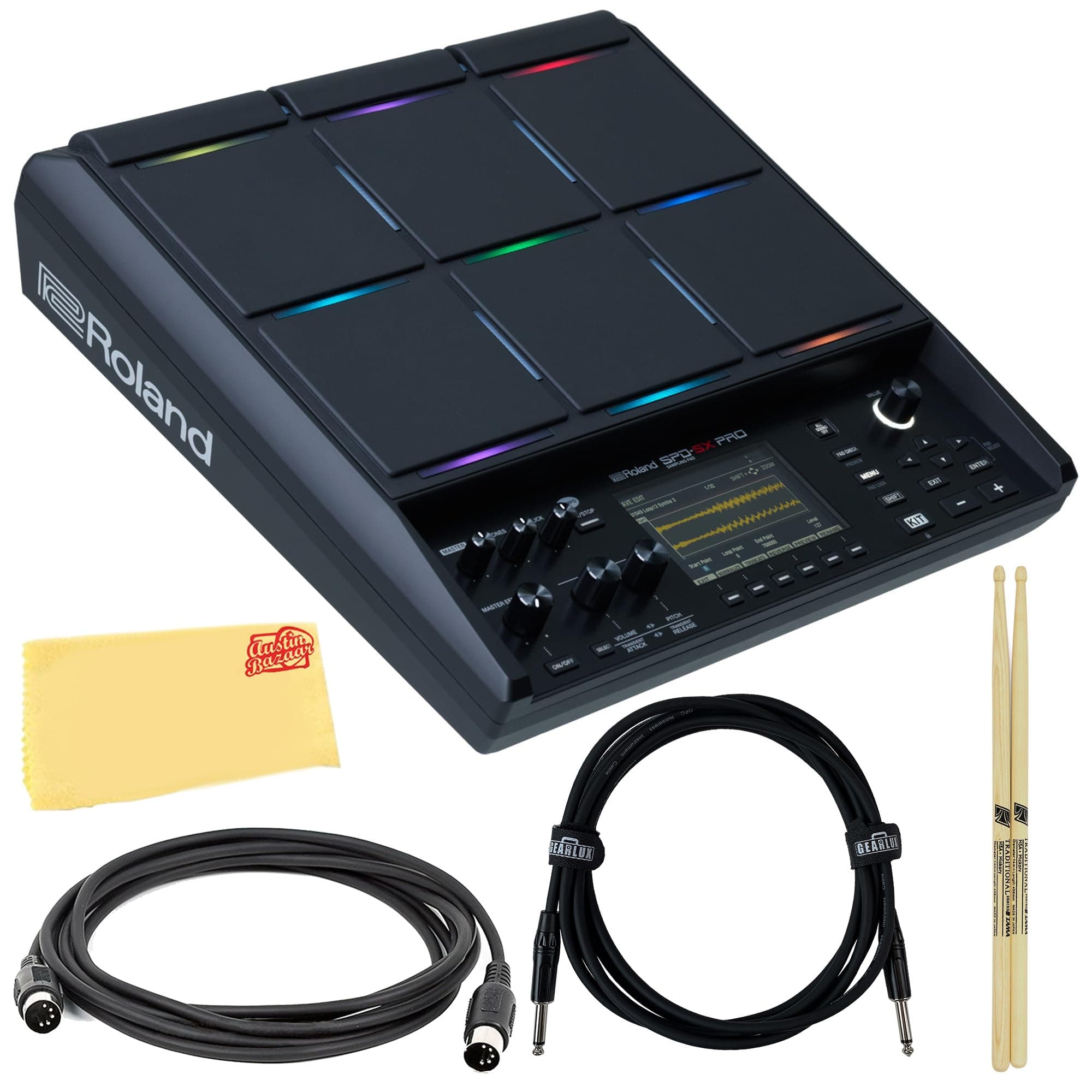 Roland SPD-SX PRO Sampling Pad Bundle With Drumsticks, MIDI Cable, Instrument Cable, and Austin Bazaar Polishing Cloth