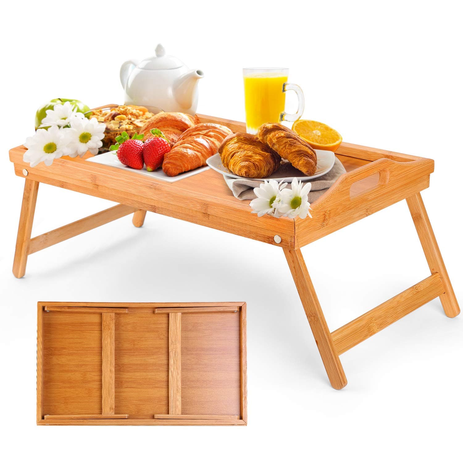 Moclever Breakfast Tray Table with Folding Legs - Serving Tray Bamboo - Dinner Trays, Tea Tray, bar Tray, Breakfast Tray or Any Food Tray - Good for Parties, Reading, Working or Bed Tray