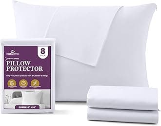 CirclesHome Zippered Pillow Protectors 100% Cotton, Healthy Breathable & Quiet (8 Pack) White Pillow Covers Protects from Dirt, Debris (Queen - Set of 8-20x30)