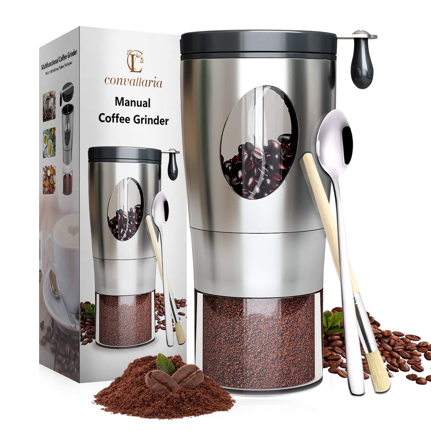 Convallaria Manual Coffee Grinder with 5-Level Grinding Ceramic Conical Burr Mill, Stainless Steel Foldable Handle Coffee Bean Grinder with Brush and Spoon for Coffee Bean/Spices/Tea Leaves/Camping