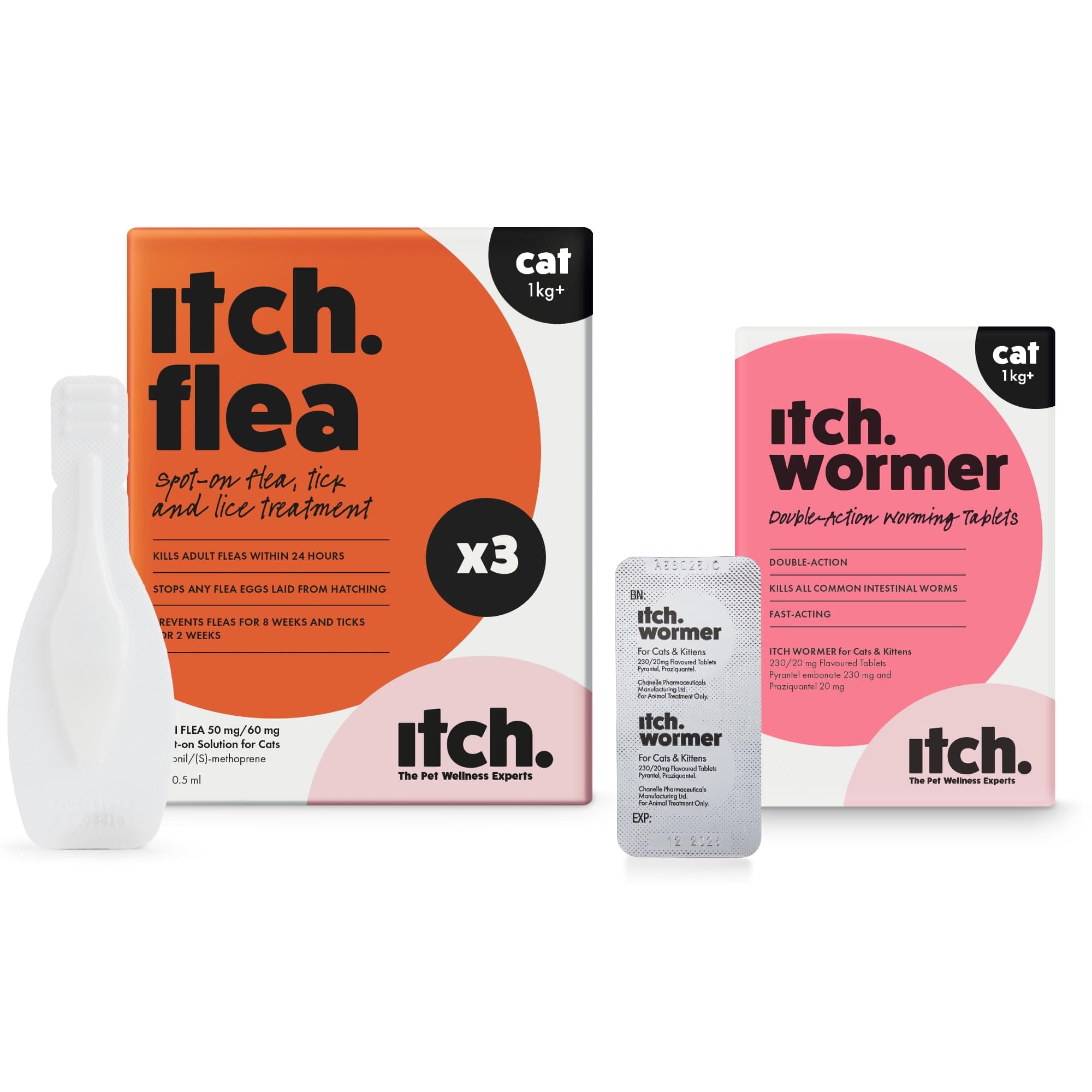 Cat Flea and Wormer Bundle for 1kg+ Cats - 3 Flea Treatment Pipettes and 2 Worming Tablets