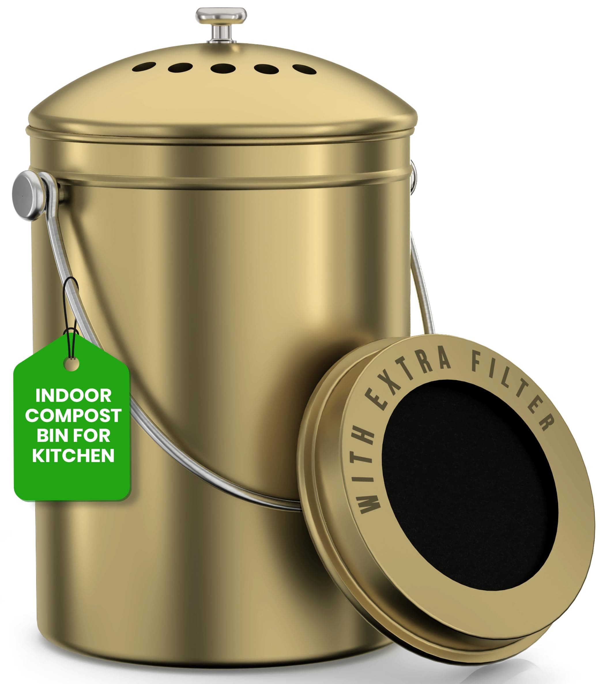 Utopia Kitchen Compost Bin for Kitchen Countertop - 1.3 Gallon Compost Bucket for Kitchen with Lid - Includes 1 Spare Charcoal Filter (Gold)