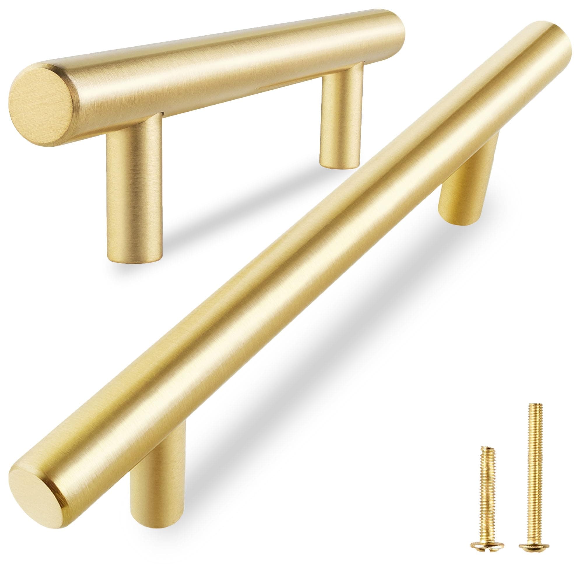 QOGRISUN 5-Pack Solid Brass Cabinet Pulls, Gold Euro Style T-Bar Handles, 5 Inch Hole Center for Kitchen Drawers, Cupboard, Dresser, Bathroom Vanity, Brushed Brass Finish
