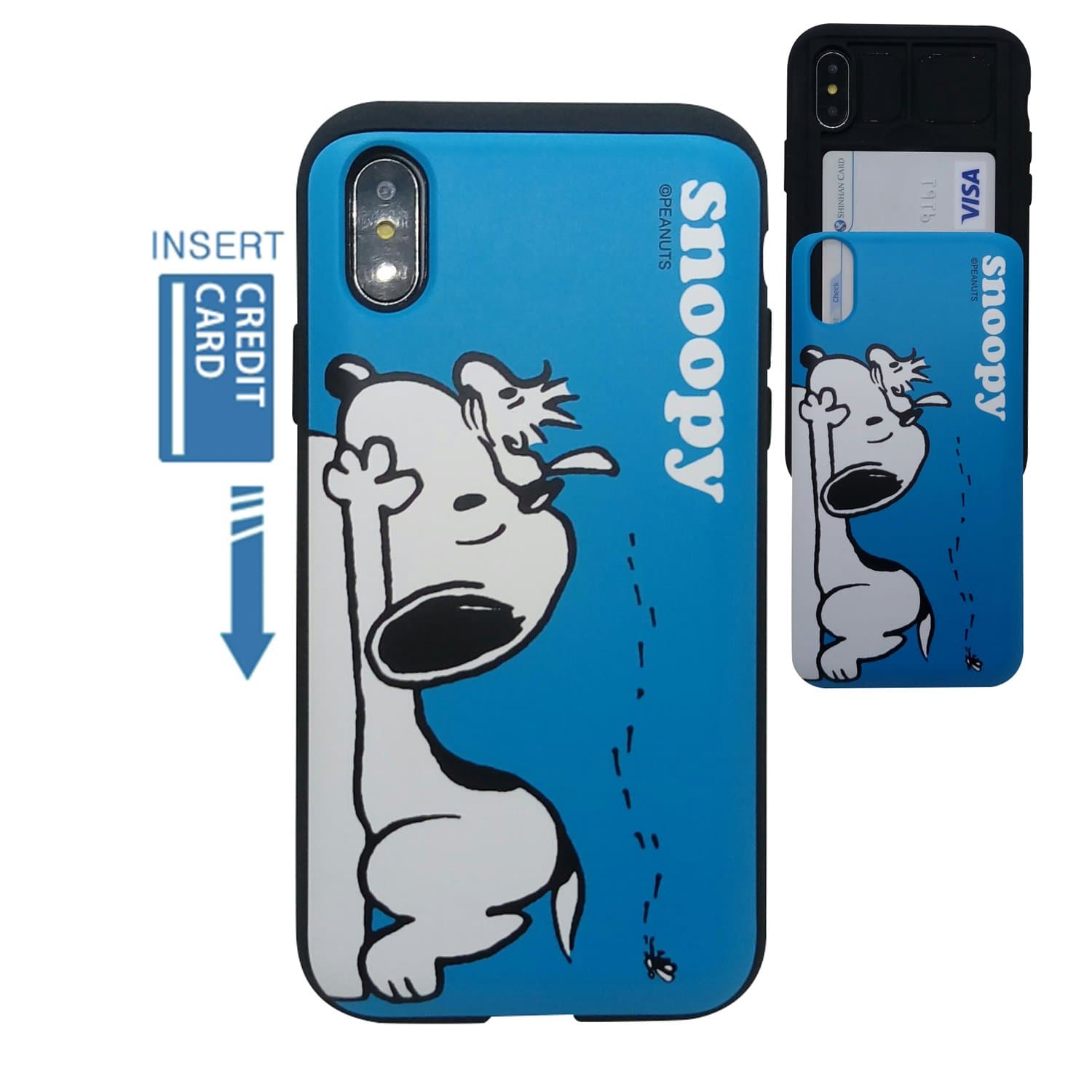 [iPhone X Wallet Case/iPhone Xs Wallet Case] Kubrick Peanuts Snoopy Charlie Brown Slide Bumper Phone Case Dual Layer Card Wallet Holder (Peanuts Snoopy & Woodstock)